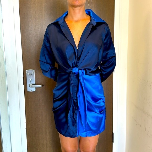 BRAND NEW LENA Colorblock Front Tie Button Shirt Dress - Picture 1 of 10